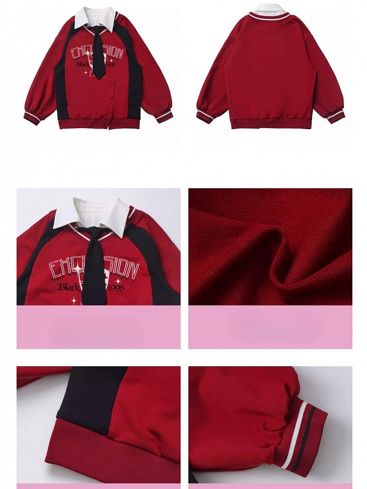 Rotes Sweatshirt im Preppy-Stil mit seitlichem Schlitz und Hemdkragen und gratis Krawatte