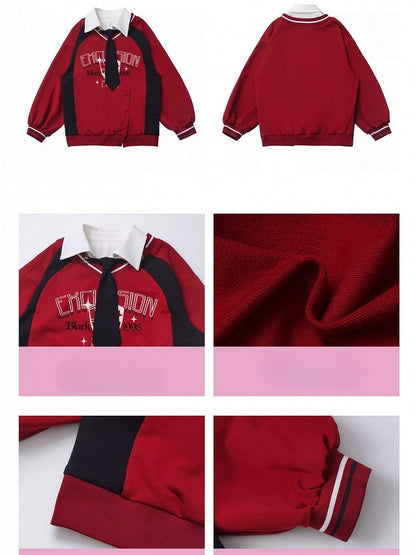 Rotes Sweatshirt im Preppy-Stil mit seitlichem Schlitz und Hemdkragen und gratis Krawatte
