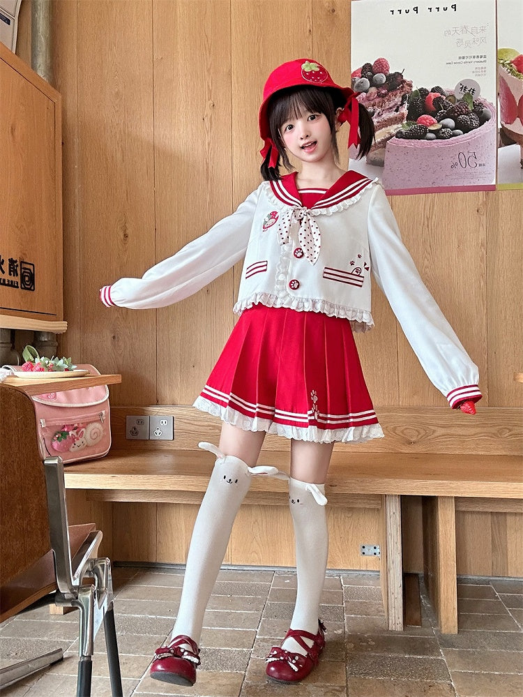 ピンク/ワインのフリルセーラーカラー、うさぎ耳デザイン、バックレッドJK制服トップライト