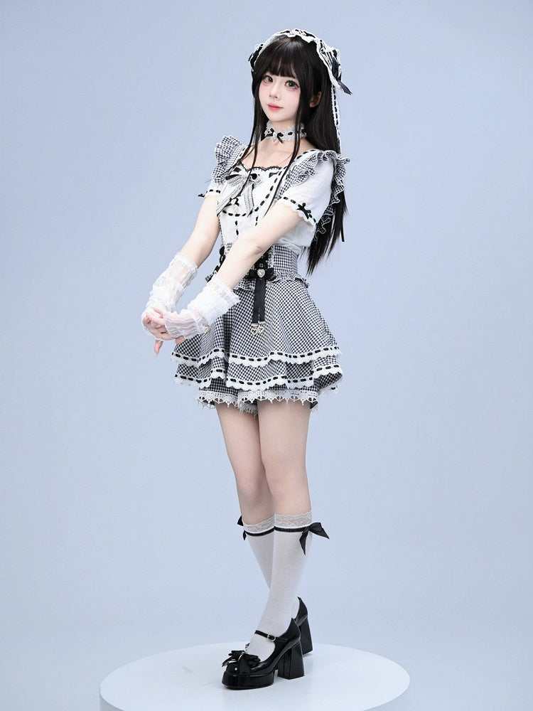 Black White Jirai Kei Square Neck Cotton Blouse with Bow Lace Details - Broken Bear