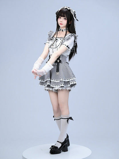 Black White Jirai Kei Square Neck Cotton Blouse with Bow Lace Details - Broken Bear