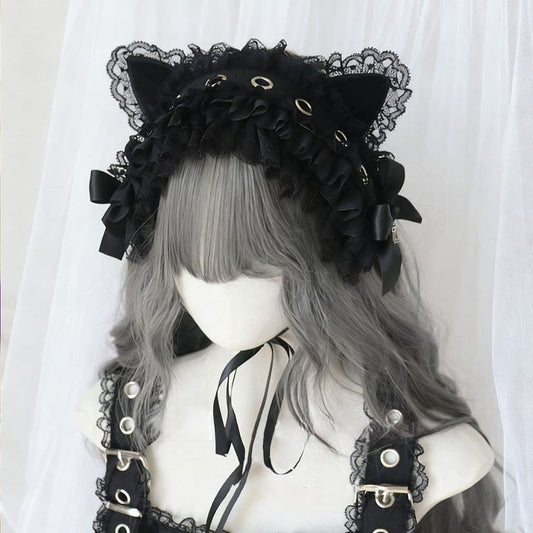 Bowknot Ear Black Hairband Cat Trim Gothic Lace