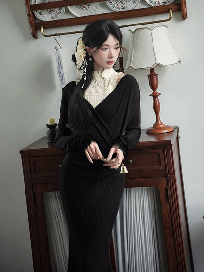 V-Neck Deep + Dress Knit Slim-Fit Sleeveless Flower Hairclip Top Black Beige Mermaid Elegant