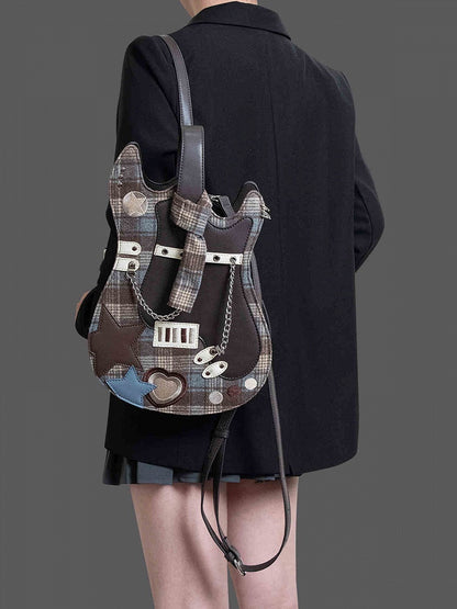 Guitar-shaped Sweetheart Brown Star Embroidered Design Plaid Bag