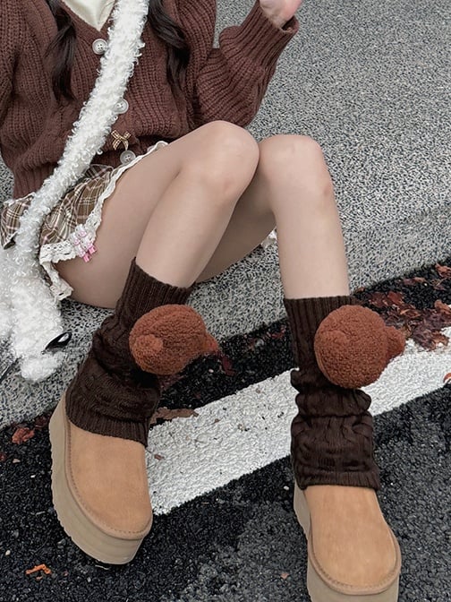 ホワイト/カーキ/ライトグレー/コーヒーのニットレッグウォーマー（子犬のぬいぐるみ付き）