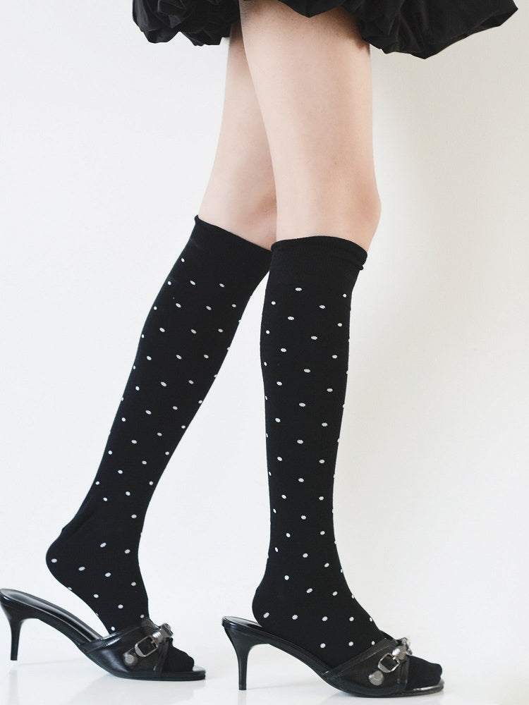 Sliming Polka-dot Pattern Black/White/Gray Calf Socks Retro