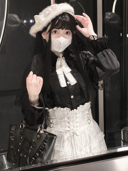 Jirai Kei Schwarz/Weiße Plüschbaskenmütze mit Schleifendetails