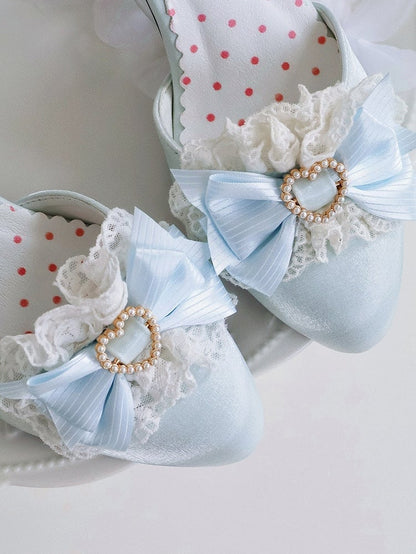 Light Blue Ballet Pointed Toe Shoes with Lace Bow - Witch's Night