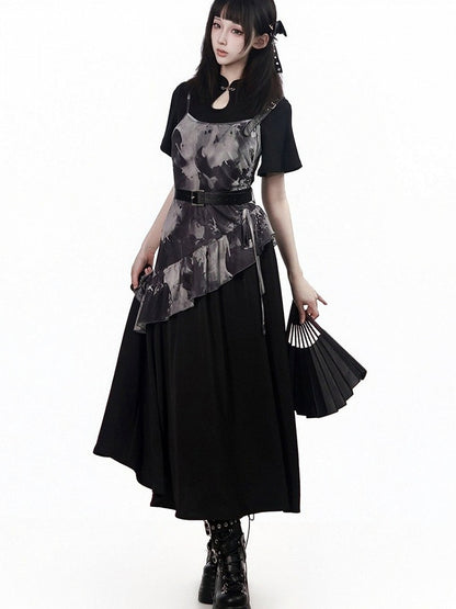Black Asymmetric Cami Long Dress with Ink Print - PINK SAVIOR