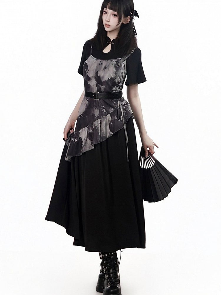 Black Mandarin Collar Blouse with Ruffle Sleeves - PINK SAVIOR