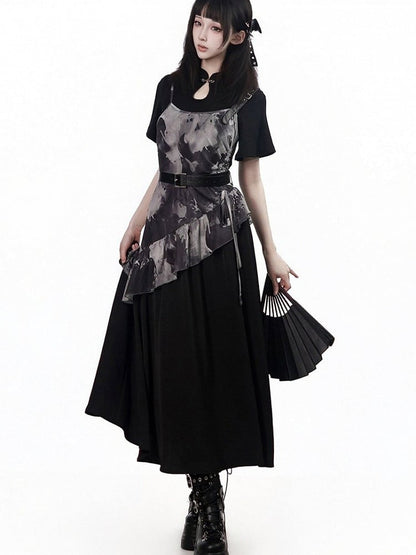 Black Mandarin Collar Blouse with Ruffle Sleeves - PINK SAVIOR