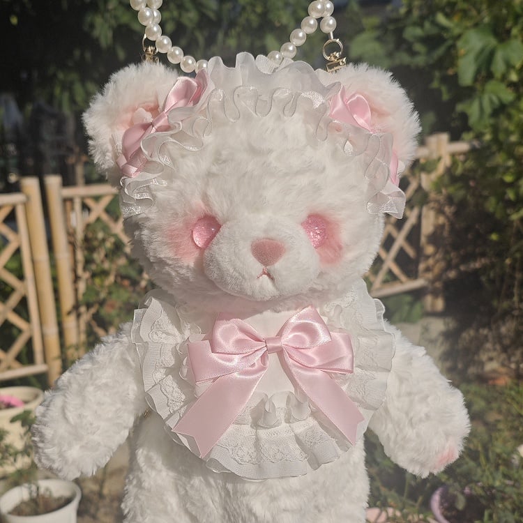 White Blue/Pink Convertible Plush Bag Strap Bear with