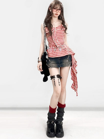 Plaid Y2K Asymmetrical Glamorous Hem Top Cami Holiday Red Pattern