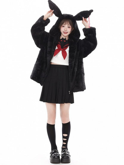 Hooded Fleece Bunny Ears Black Lining Coat