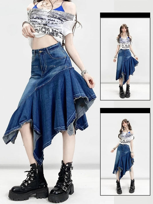 Asymmetrischer blauer Y2K-Rock mit Meerjungfrauensaum