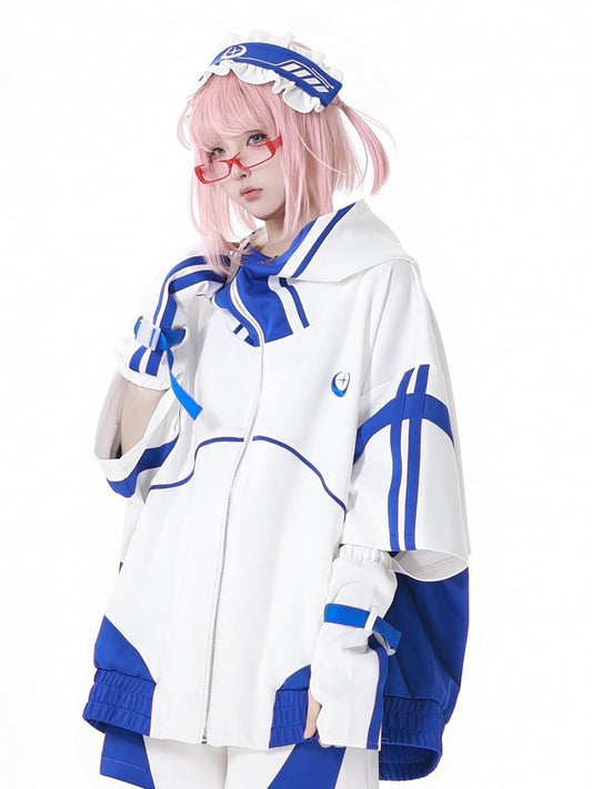 Blau-weißer Jirai Kei Techwear-Trägerdesign-Kapuzenpullover mit kurzen Ärmeln und Reißverschluss