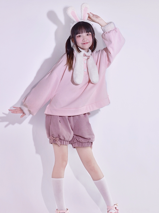 ピンクのかわいいウサギの耳のぬいぐるみ襟スウェットシャツ