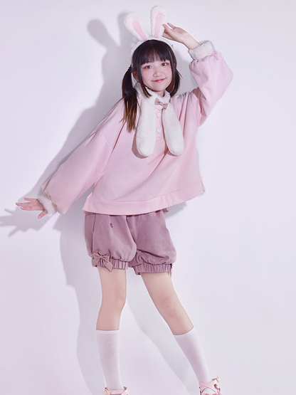 ピンクのかわいいウサギの耳のぬいぐるみ襟スウェットシャツ