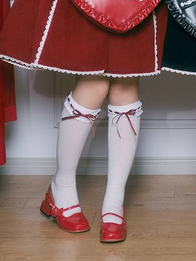White Cotton Under Knee Stockings with Red / Black Bow Tie Accent & Lace Cuff
