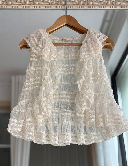 Beige Open Placket Dotted Tulle Top - Miss Point