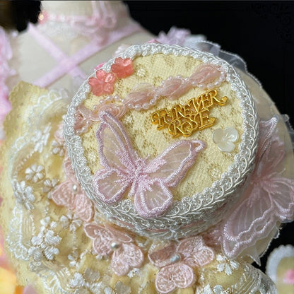 Hat Mini Design Floral Butterfly Lolita PinkYellow Lace Sweet And Trim