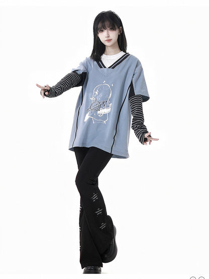 Two-pieces Neck Blue/Red Round Faux Light Graphic T-Shirt