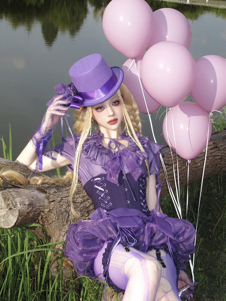 Gothic Lolita Ruffles Waist Purple Neckline with Elastic Layered Smocked Blouse