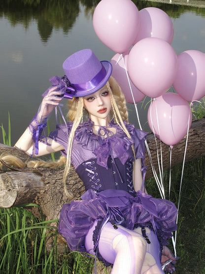Gothic Lolita Ruffles Waist Purple Neckline with Elastic Layered Smocked Blouse