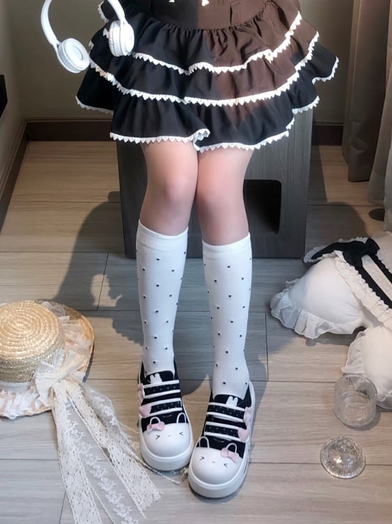 Dot Bunny Polka with Otaku Sneakers - Platform Theme Canvas Black Velcro