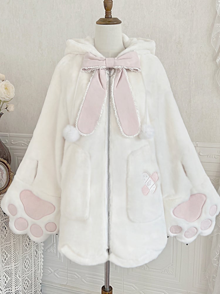 Manteau en peluche à capuche surdimensionné blanc et rose avec oreilles de lapin