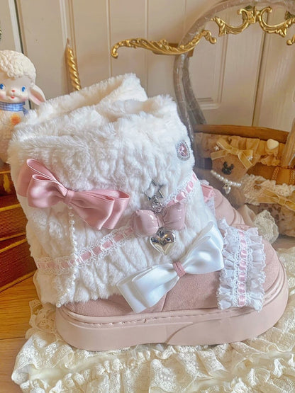 Lolita Bow Sweet Pink Plush Shoes with Beige Accents