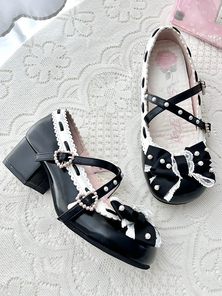 in Black Toe Mary Details Mid-heel PU Classic Shoes Lolita - Round Jane Beads