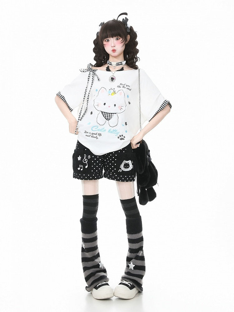 Black Polka Dot Shorts with Kitty & Music Embroidery - Languid Park