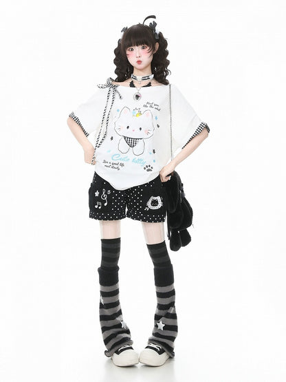 Black Polka Dot Shorts with Kitty & Music Embroidery - Languid Park