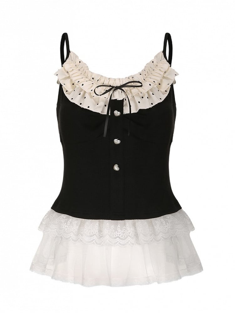 Top Size Hem Knit Polka Ruffle Neckline Black Plus Cami Dot White with Lace