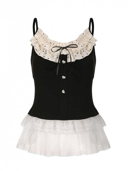 Top Size Hem Knit Polka Ruffle Neckline Black Plus Cami Dot White with Lace