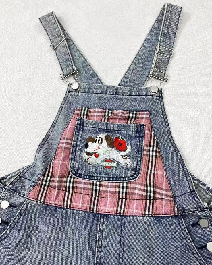 ポケットジーンズ パピー 夏ウエスト キュートアクセサリー チェック柄オーバーオール