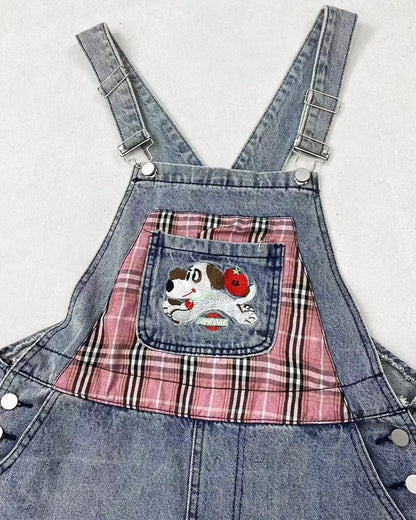 ポケットジーンズ パピー 夏ウエスト キュートアクセサリー チェック柄オーバーオール