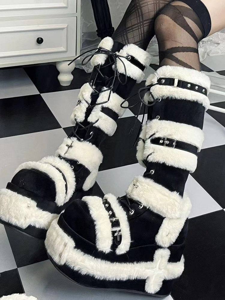 Y2K Details Dual Studded Cross Knee-High Platform Closure Accents Boots 9cm Black with -