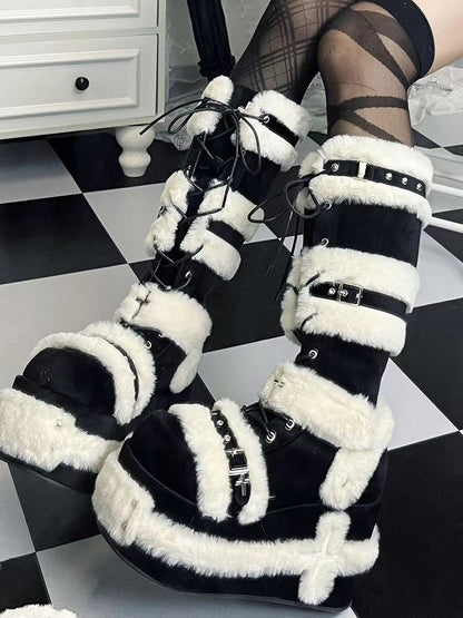 Y2K Details Dual Studded Cross Knee-High Platform Closure Accents Boots 9cm Black with -