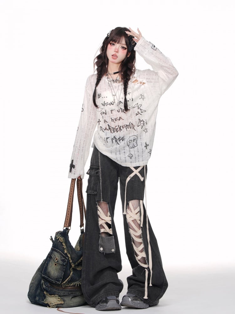 Schwarze Jeans mit weitem Bein und Cut-outs und Schnürdetail