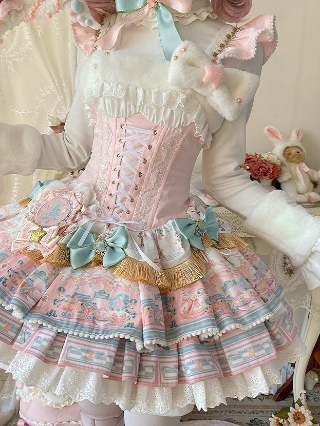 Corset Sweet Pink Dress Decorations Layered Lolita Waist Boned with Bow