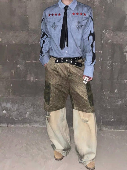 Washed Distressed Blue Striped Shirt with Red Star Prints - DETW OnLine