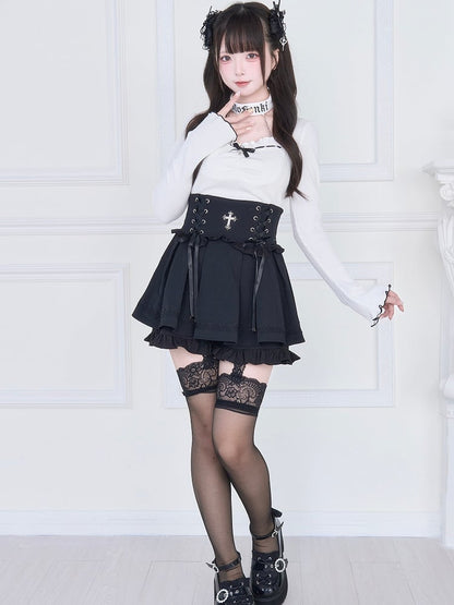 with Jirai Lettuce Black Sleeves Hem White Neck Kei Contrast Choker Top