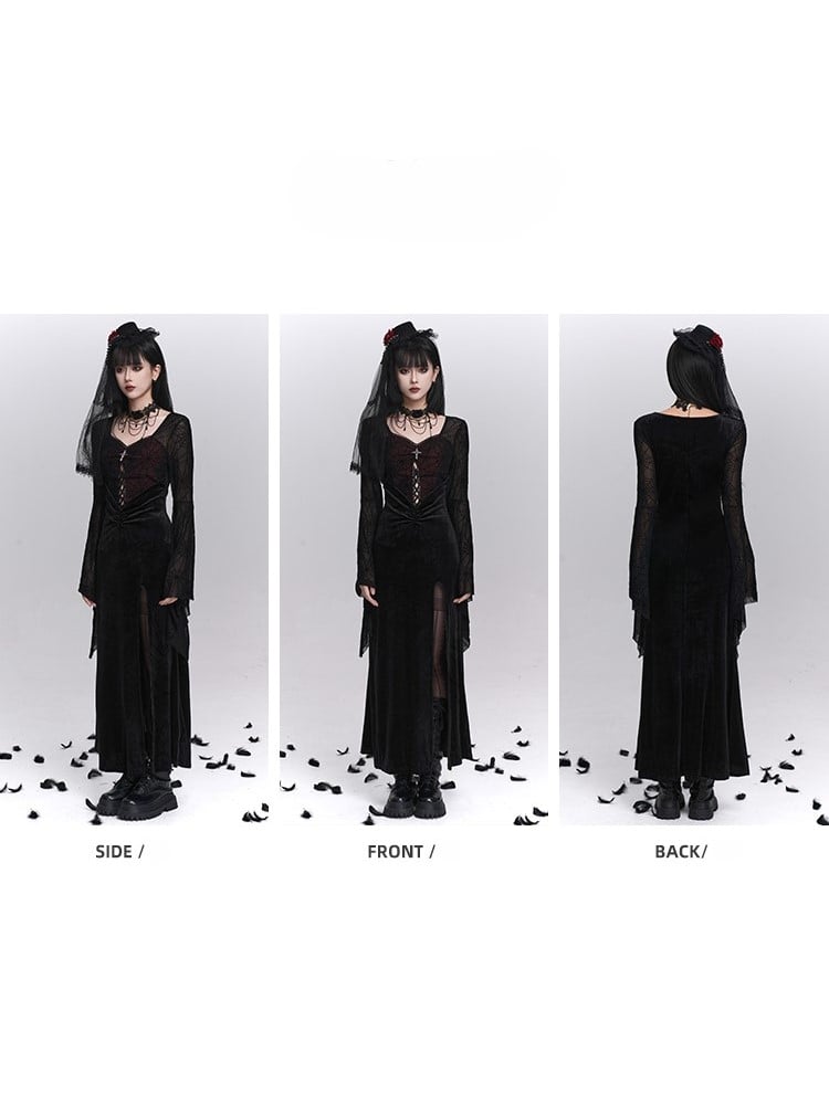 with Thigh-High Black Halloween Gothic Sleeves Bell Spiderweb Red Slit Dress