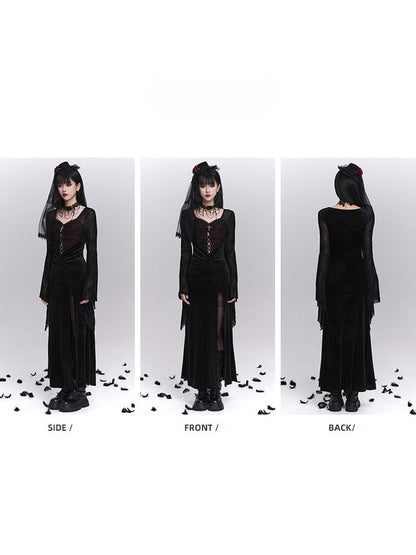 with Thigh-High Black Halloween Gothic Sleeves Bell Spiderweb Red Slit Dress