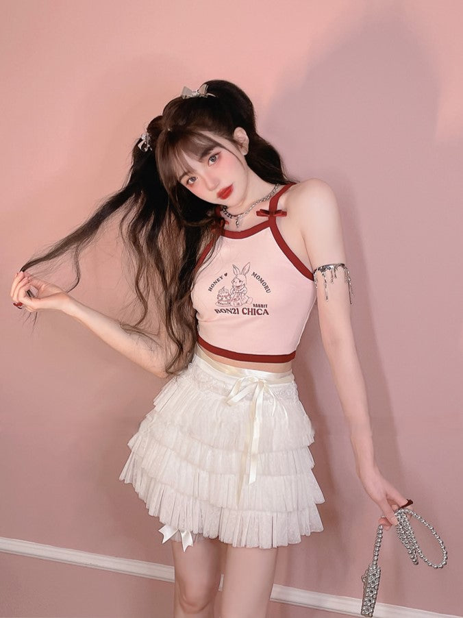 Mit Satinschleife, gepunkteter weißer Puff-Tüllrock mit Polka-Muster