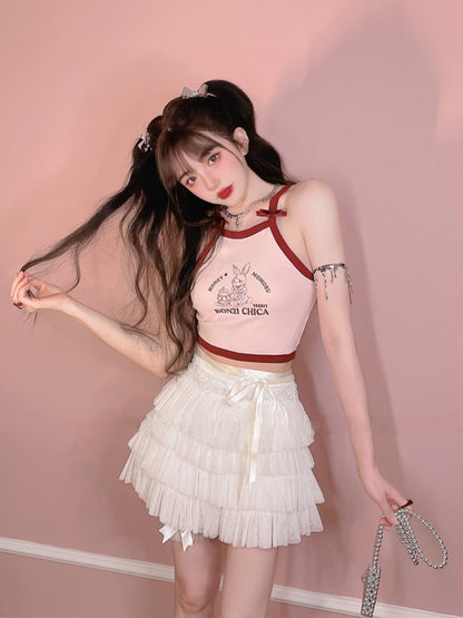 Mit Satinschleife, gepunkteter weißer Puff-Tüllrock mit Polka-Muster