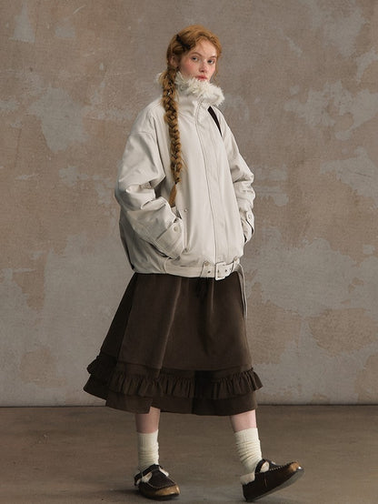 Short Brown/White Jacket Faux Fur Belt Buckle with Collar