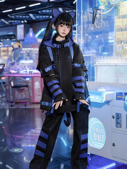 Jacket Ear Blue-Purple Cyber Futuristic Kitty Fashion Techwear Hooded Windbreaker